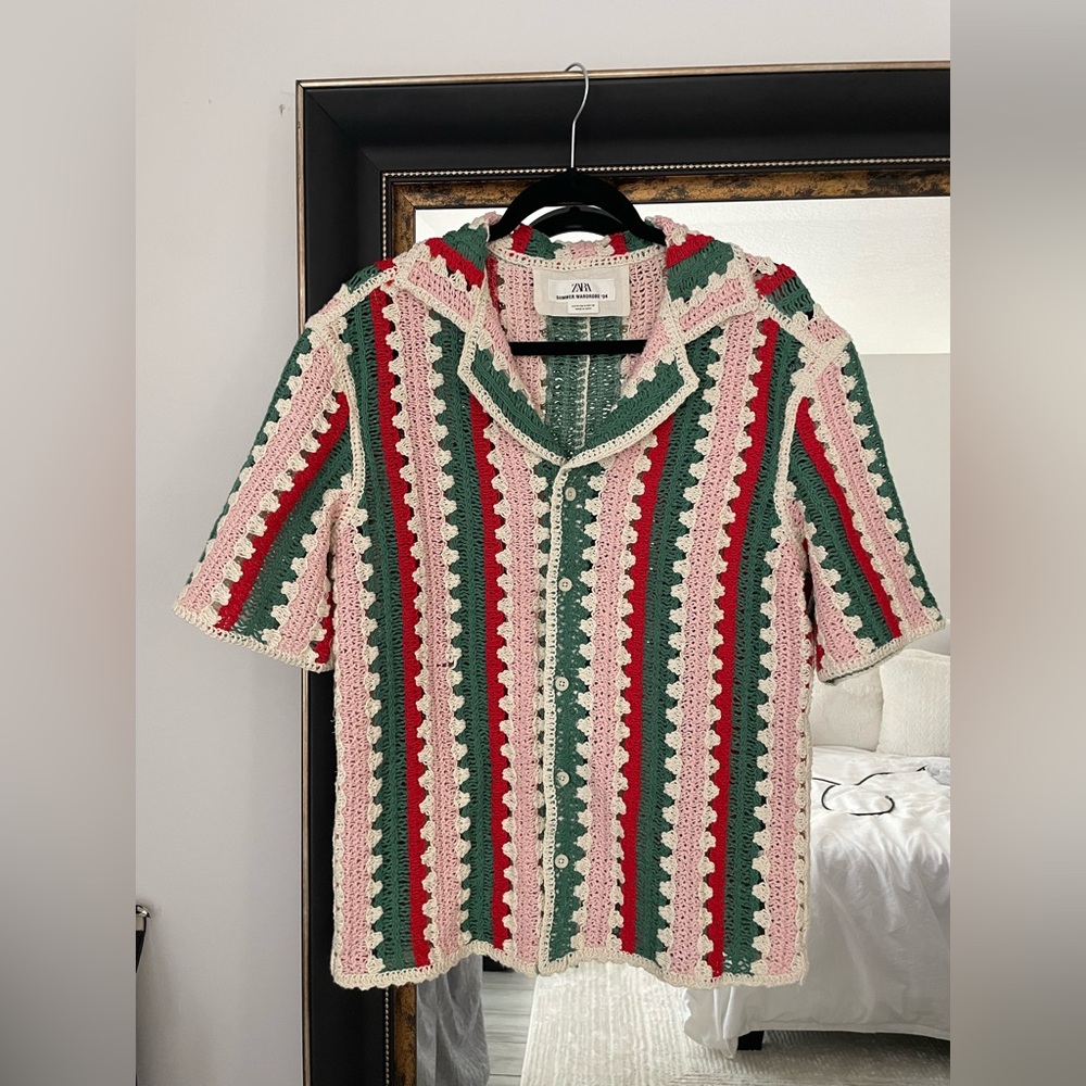 ZARA Crochet Striped Button Down Shirt - Picture 2 of 3
